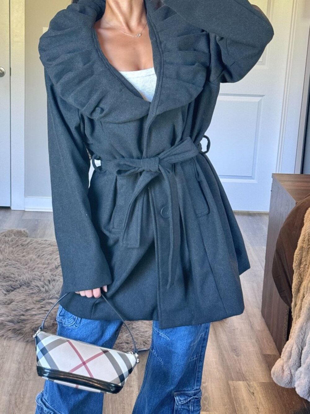 Y2K 2000s Charcoal Wool Blend Coat Womens 2X Belted Ruffle Collar Quiet Luxury